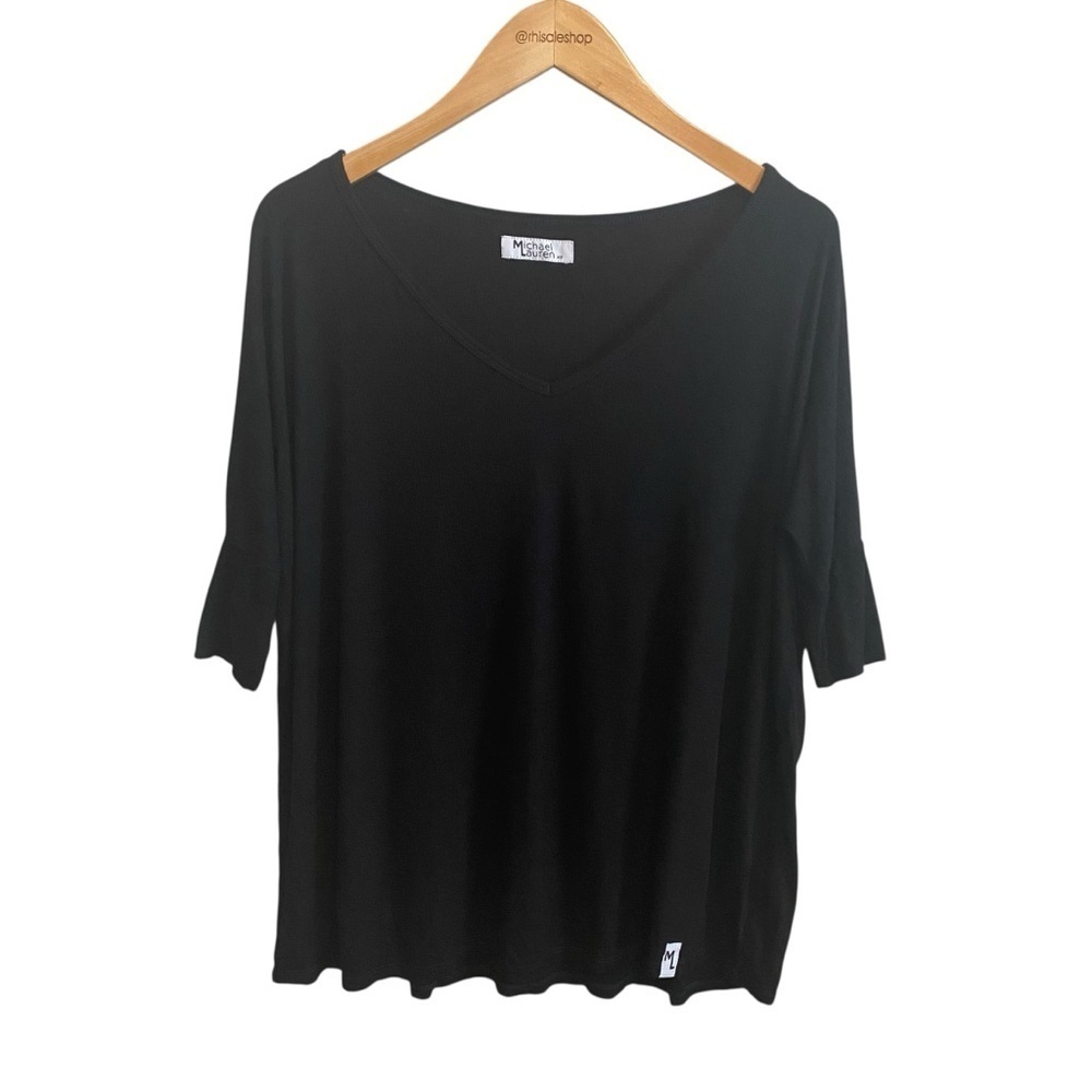 Michael Lauren Black Ribbed Short Sleeve Dolman Sleeve Elevated Basic Tee XS